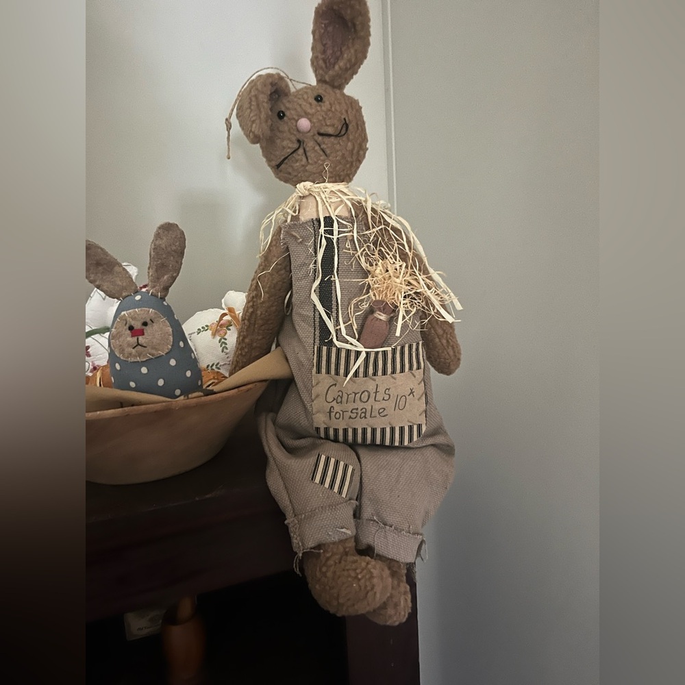 Primitive Brown  Bunny with Carrot Decor shelf sitter
